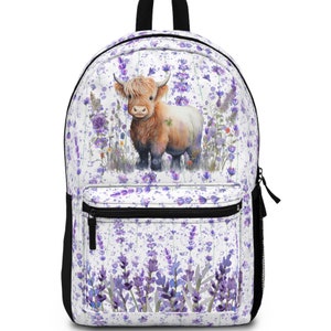 Highland Cow Lovers Backpack for School, With Tablet Compartment inside, Waterproof, Padded back, Gift for Lavender Lovers,