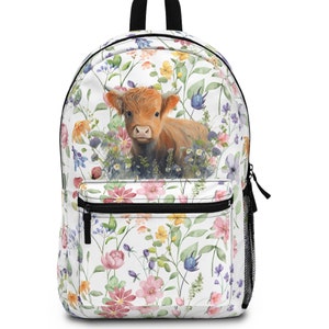 Highland Cow Backpack: Floral Waterproof School Bag