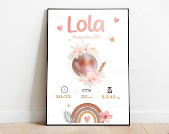 Cartel de nacimiento personalizado estilo Boho / Boho Rainbow - cartel de bebé, hora, altura, peso - PDF o impreso