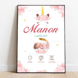 Póster de nacimiento personalizado - Tema Unicornio, Flores - Póster de nombre - Decoración para la habitación del bebé - PDF o impreso