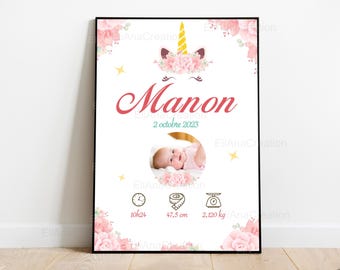 Personalized birth poster - Unicorn theme, Flowers - First name poster - Decoration for the baby&#39;s room - PDF or printed