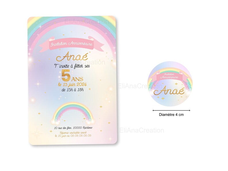 Carte d'invitation anniversaire à personnaliser sur le thème Arc-en-Ciel, étoiles, couleurs pastel / Faire-part anniversaire image 4