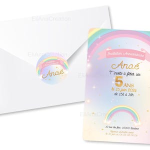 Carte d'invitation anniversaire à personnaliser sur le thème Arc-en-Ciel, étoiles, couleurs pastel / Faire-part anniversaire image 5