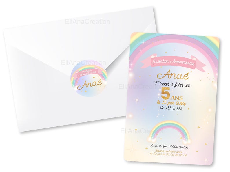 Carte d'invitation anniversaire à personnaliser sur le thème Arc-en-Ciel, étoiles, couleurs pastel / Faire-part anniversaire image 5