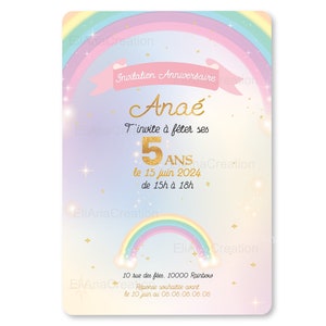 Carte d'invitation anniversaire à personnaliser sur le thème Arc-en-Ciel, étoiles, couleurs pastel / Faire-part anniversaire image 2