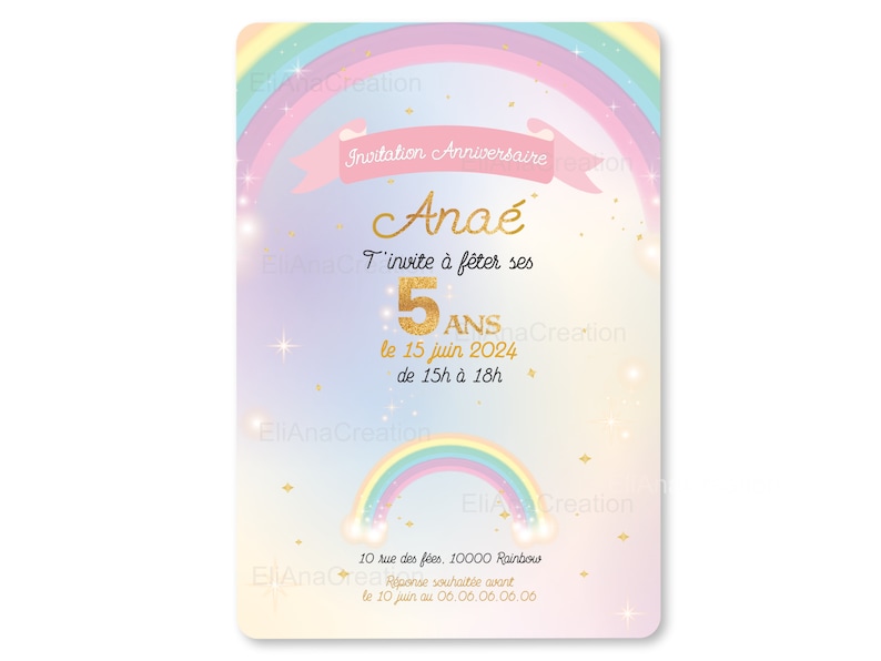 Carte d'invitation anniversaire à personnaliser sur le thème Arc-en-Ciel, étoiles, couleurs pastel / Faire-part anniversaire image 2