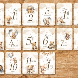 Cartes étapes bébé - Première année bébé - Mois anniversaires de la 1ère année - Cartes évolution de bébé - thème Ourson image 10