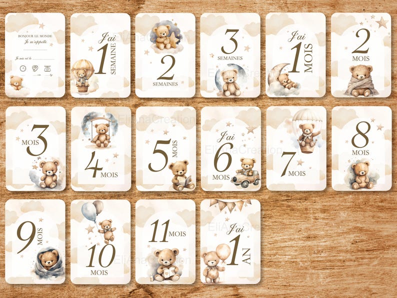 Cartes étapes bébé - Première année bébé - Mois anniversaires de la 1ère année - Cartes évolution de bébé - thème Ourson image 10