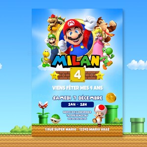 Cartão de convite de aniversário para personalizar no tema Super Mario - Videogame / Anúncio de aniversário imagem 2