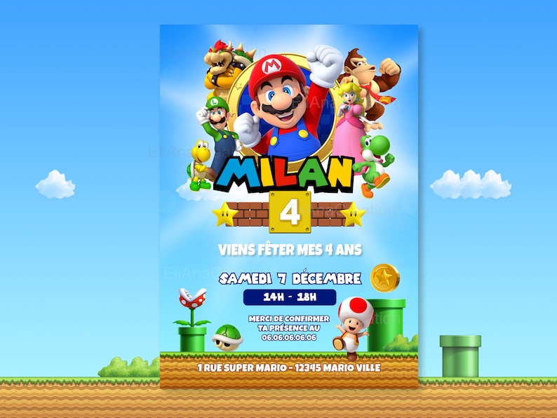 Cartão de convite de aniversário para personalizar no tema Super Mario - Videogame / Anúncio de aniversário imagem 2