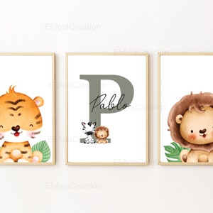 Set d'affiches personnalisées pour décoration chambre enfant / cadeau naissance Prénom & Animaux de la Savane Lion, Girafe, Tigre, Zèbre image 2
