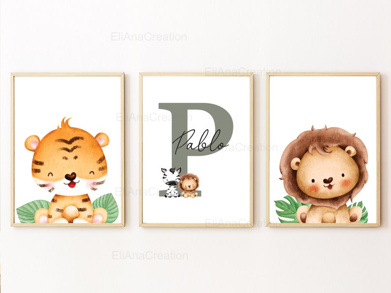 Set d'affiches personnalisées pour décoration chambre enfant / cadeau naissance Prénom & Animaux de la Savane Lion, Girafe, Tigre, Zèbre image 2