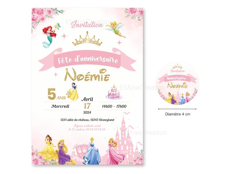Carte d'invitation anniversaire à personnaliser sur le thème Princesses - Faire-part anniversaire image 3