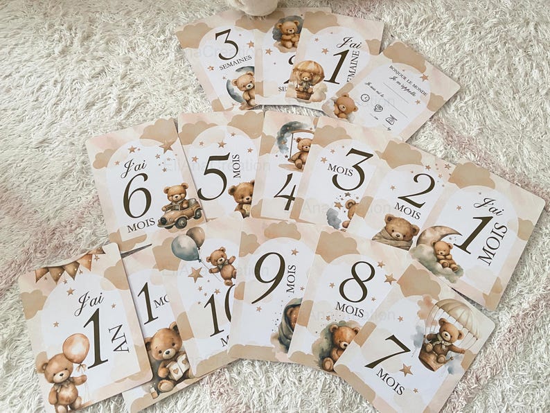 Cartes étapes bébé - Première année bébé - Mois anniversaires de la 1ère année - Cartes évolution de bébé - thème Ourson image 4