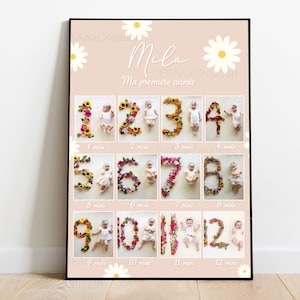 Póster "Mi primer año" para personalizar - tema margaritas, flores - cumpleaños personalizado 1 año