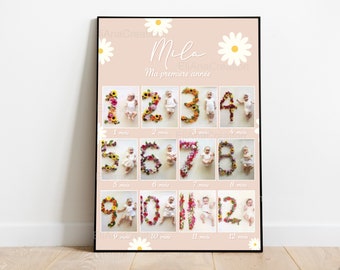 Póster "Mi primer año" para personalizar - tema margaritas, flores - cumpleaños personalizado 1 año