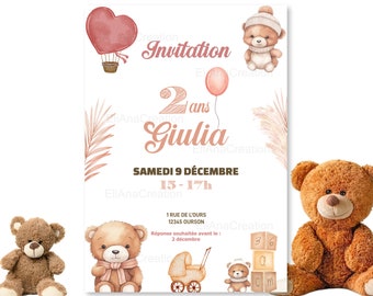 Carte d'invitation anniversaire à personnaliser sur le thème Nounours / Ours en peluche - Tons rose & beige