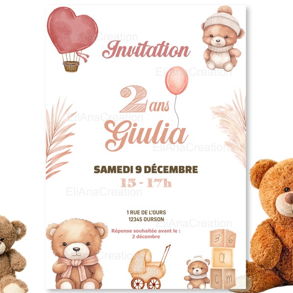 Carte d'invitation anniversaire à personnaliser sur le thème Nounours / Ours en peluche - Tons rose & beige