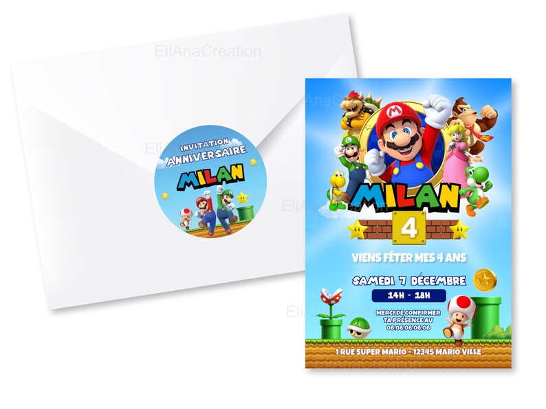Cartão de convite de aniversário para personalizar no tema Super Mario - Videogame / Anúncio de aniversário imagem 4