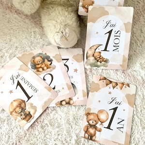 Cartes étapes bébé - Première année bébé - Mois anniversaires de la 1ère année - Cartes évolution de bébé - thème Ourson