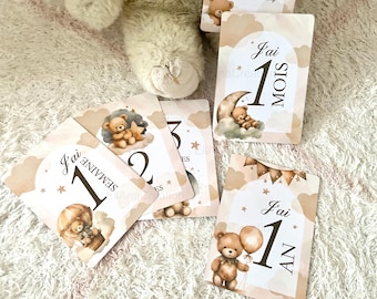 Cartes étapes bébé - Première année bébé - Mois anniversaires de la 1ère année - Cartes évolution de bébé - thème Ourson