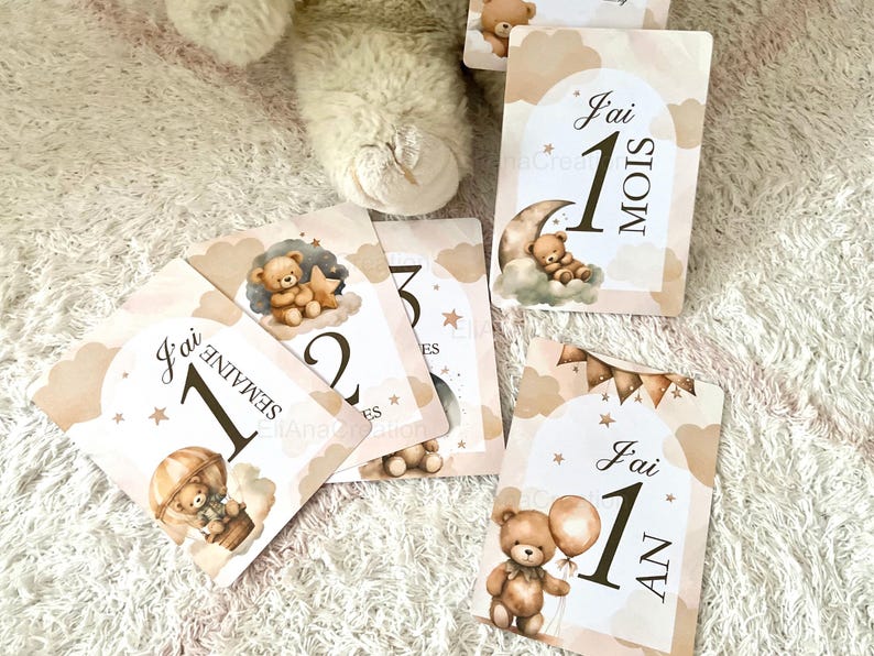 Cartes étapes bébé - Première année bébé - Mois anniversaires de la 1ère année - Cartes évolution de bébé - thème Ourson image 1