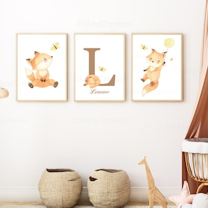 Set de carteles personalizados para decoración de habitaciones infantiles - Zorro y Mariposas - Animales del bosque en acuarela