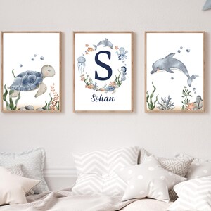 Conjunto de pósteres personalizados para decorar habitaciones infantiles - Animales marinos / Temas del universo marino - Pósters personalizados con nombre