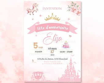 Carte d'invitation anniversaire à personnaliser sur le thème Princesses