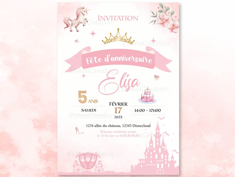 Carte d'invitation anniversaire à personnaliser sur le thème Princesses - Faire-part anniversaire image 6