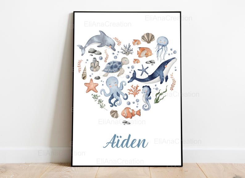 Cartel de nacimiento personalizado - Tema Universo Marino / Océano - Decoración de la habitación del bebé o regalo de nacimiento imagen 7