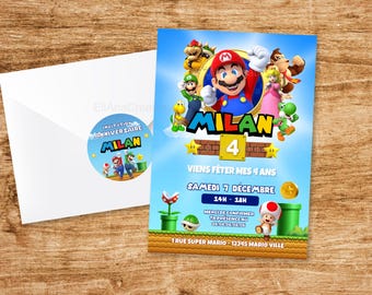 Tarjeta de invitación de cumpleaños para personalizar con el tema Super Mario - Videojuego / Anuncio de cumpleaños