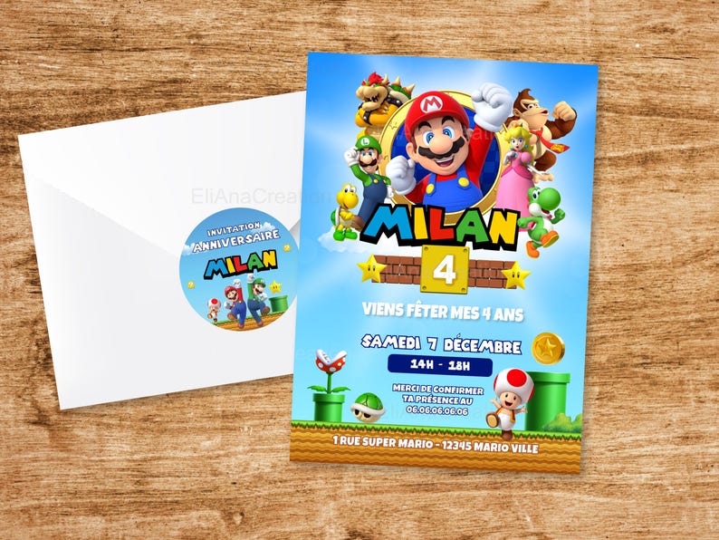 Cartão de convite de aniversário para personalizar no tema Super Mario - Videogame / Anúncio de aniversário imagem 1