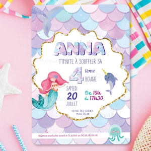 Carte d'invitation anniversaire à personnaliser sur le thème Sirène - Faire-part anniversaire