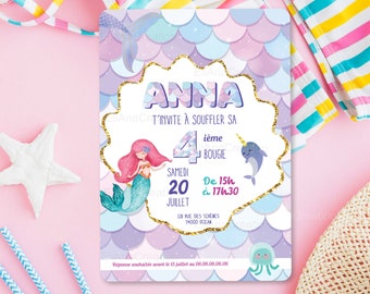 Birthday invitation card to personalize on the Mermaid theme