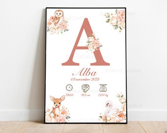 Cartel de nacimiento personalizado - Tema Animales y Flores - Cartel de nombre - Decoración para habitación de bebé - Impreso o digital