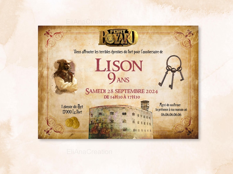 Carte d'invitation anniversaire à personnaliser sur le thème Fort Boyard / Faire-part anniversaire image 2