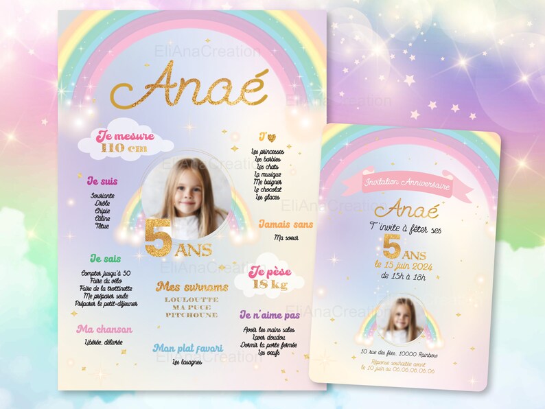Carte d'invitation anniversaire à personnaliser sur le thème Arc-en-Ciel, étoiles, couleurs pastel / Faire-part anniversaire image 9