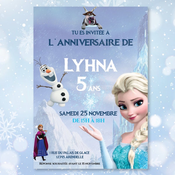 Carte d'invitation anniversaire à personnaliser sur le thème Reine des Neiges