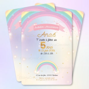 Carte d'invitation anniversaire à personnaliser sur le thème Arc-en-Ciel, étoiles, couleurs pastel / Faire-part anniversaire image 7
