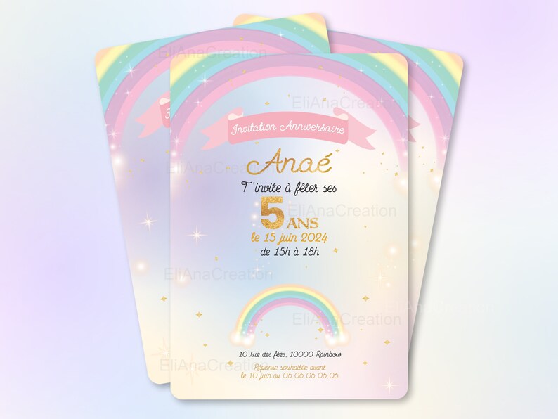 Carte d'invitation anniversaire à personnaliser sur le thème Arc-en-Ciel, étoiles, couleurs pastel / Faire-part anniversaire image 7