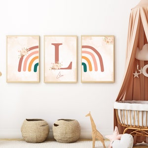 Ensemble d'affiches personnalisées pour décoration chambre enfant / cadeau - Prénom, Arc-en-Ciel, Fleurs - Posters style bohème