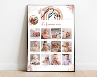 Póster "Mi Primer Año" para personalizar - Tema Arcoíris y Flores - Boho