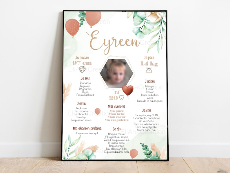Cartel de cumpleaños o bautismo para personalizar - Tema Boho / Flores / Campo - cumpleaños personalizado - imagen 2