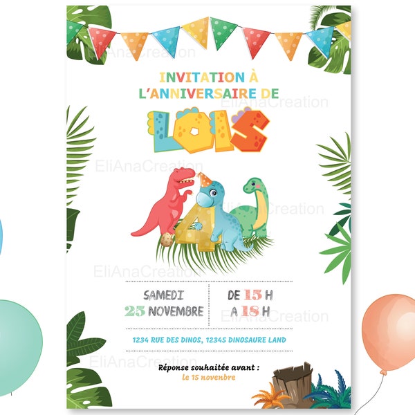 Carte d'invitation anniversaire à personnaliser sur le thème des Dinosaures