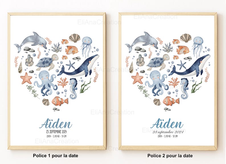 Cartel de nacimiento personalizado - Tema Universo Marino / Océano - Decoración de la habitación del bebé o regalo de nacimiento imagen 9