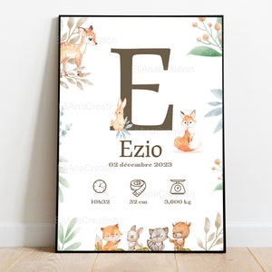 Personalized birth poster - Forest theme, Animals - First name poster - Decoration for the baby's room - Print or digital