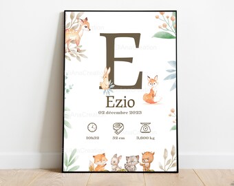 Cartel de nacimiento personalizado - Tema bosque, Animales - Cartel de nombre - Decoración para la habitación del bebé - Impreso o digital