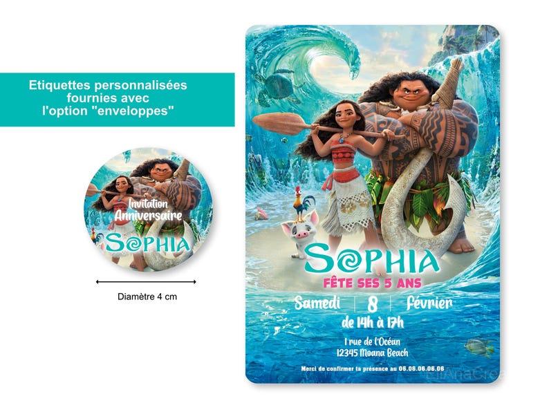 Carte d'invitation anniversaire à personnaliser sur le thème Vaiana - Princesse Moana - Disney image 3