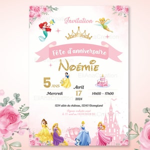 Carte d'invitation anniversaire à personnaliser sur le thème Princesses - Faire-part anniversaire